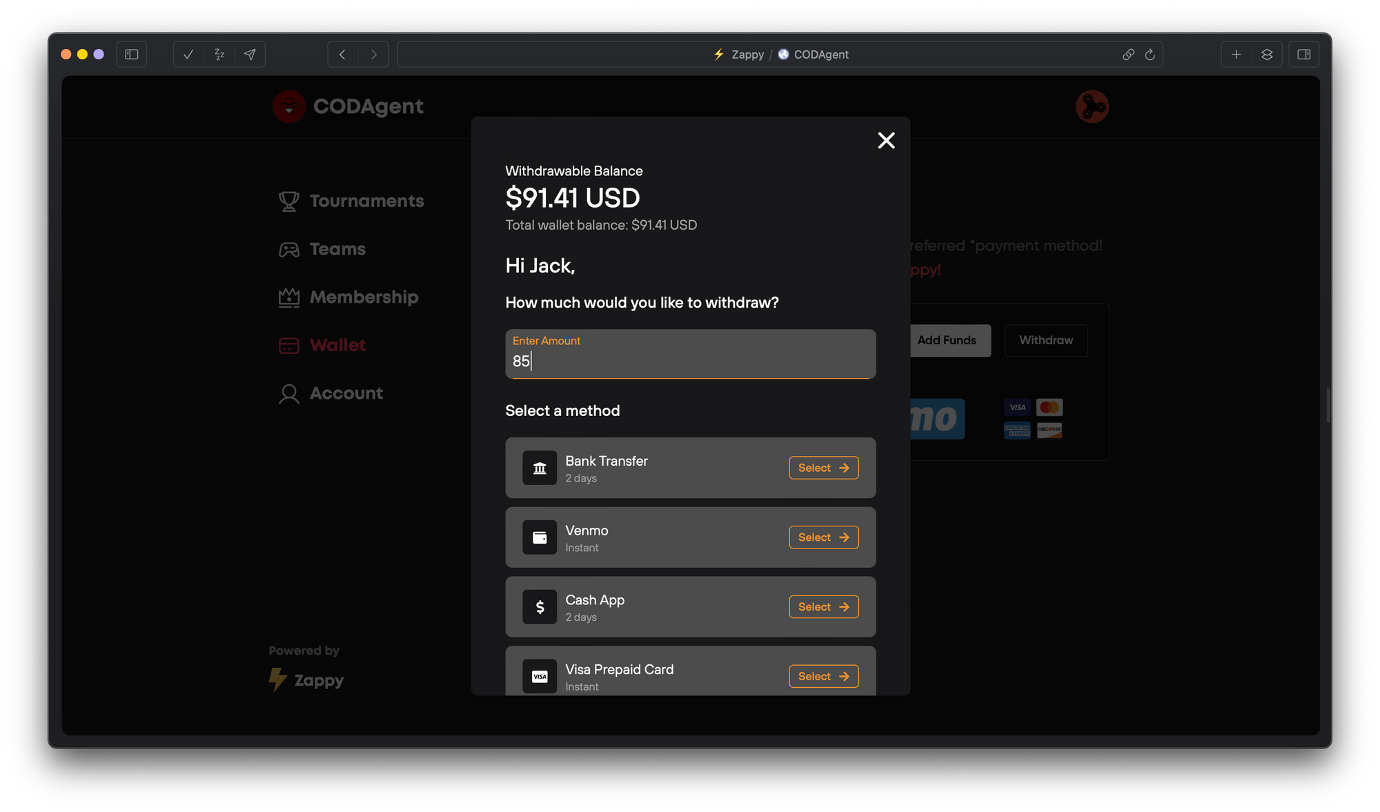 Screenshot of the multiple payout options available on Dots.