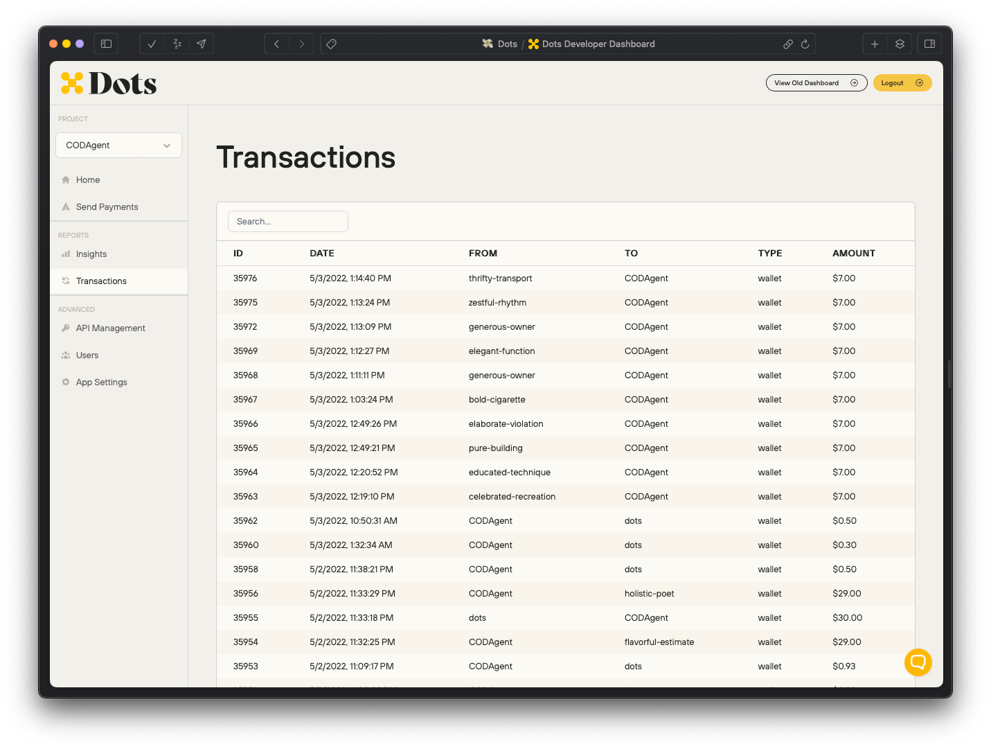 Screenshot of the Transactions page on the Dots Dashboard.