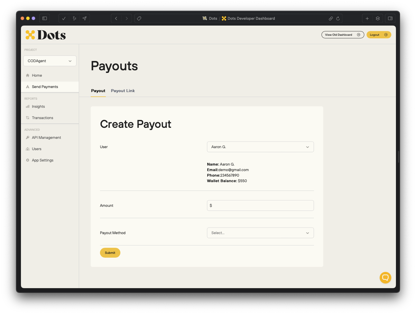 Screenshot of the create payout page on the Dots Dashboard.