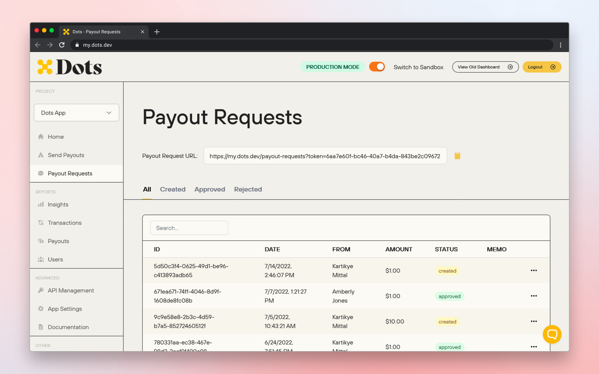 Payout Requests Approval Screen on the Dots Dashboard.