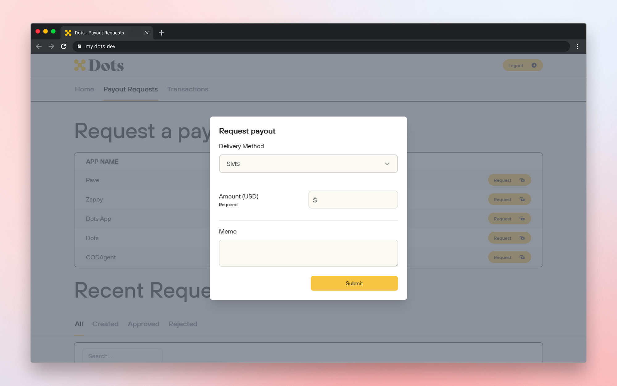 Screenshot of creating a Payout Request on the Dots Payee Dashboard.