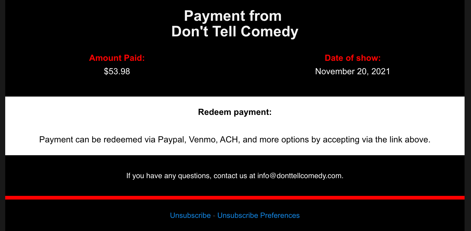 Screenshot of a Don't Tell Comedy Dots Payout Link Email