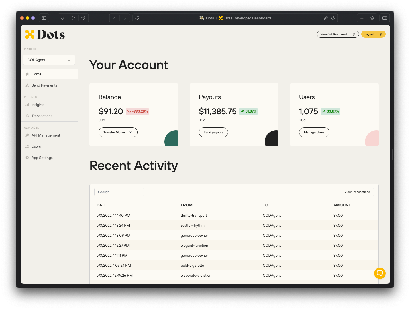 Screenshot of the Dots Dashboard.