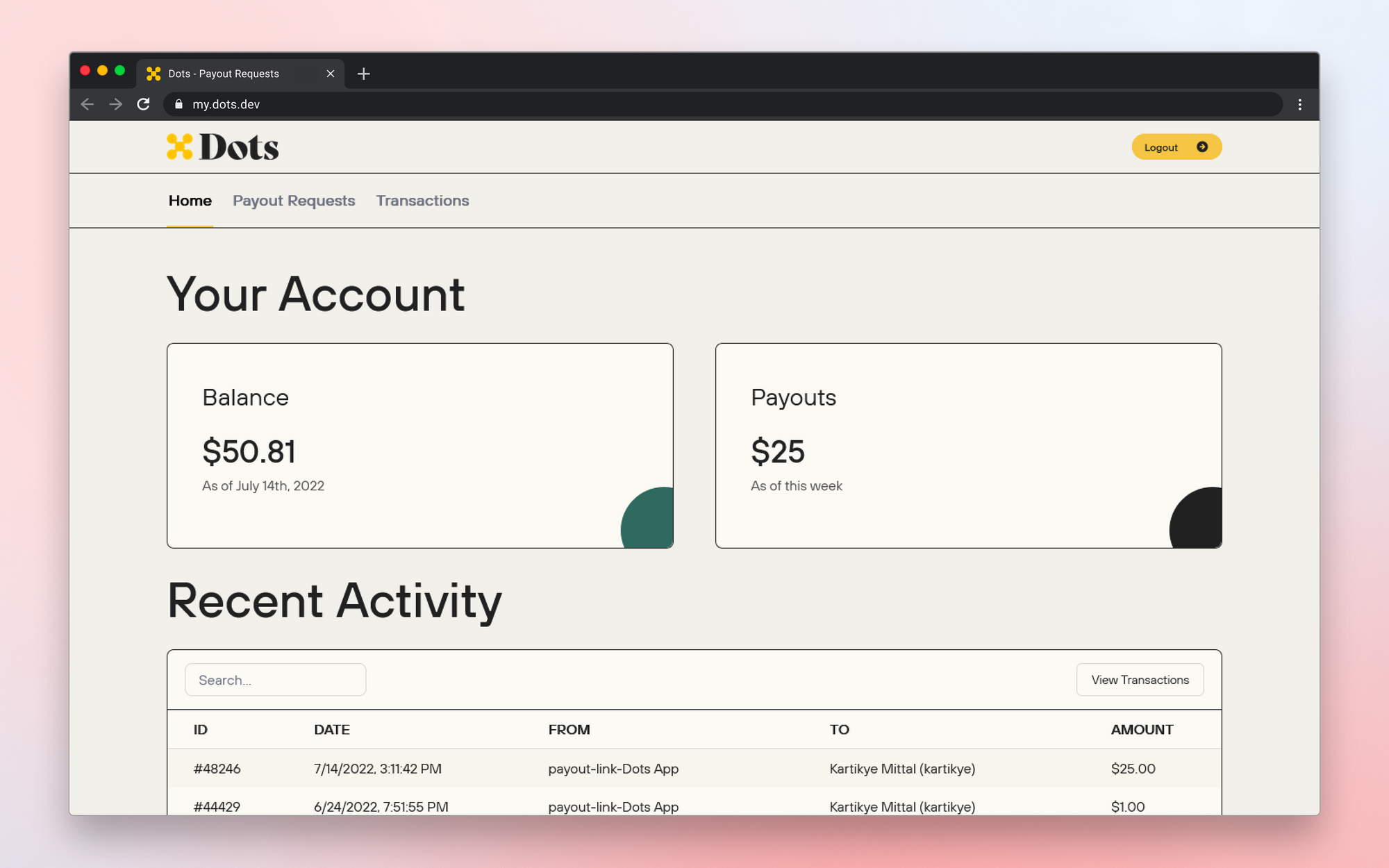 Screenshot of the Dots Payee Dashboard.